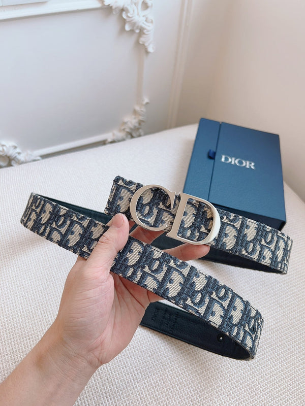 CD Belt 35mm Black Beige Canvas Black Calfskin Silver Logo Buckle