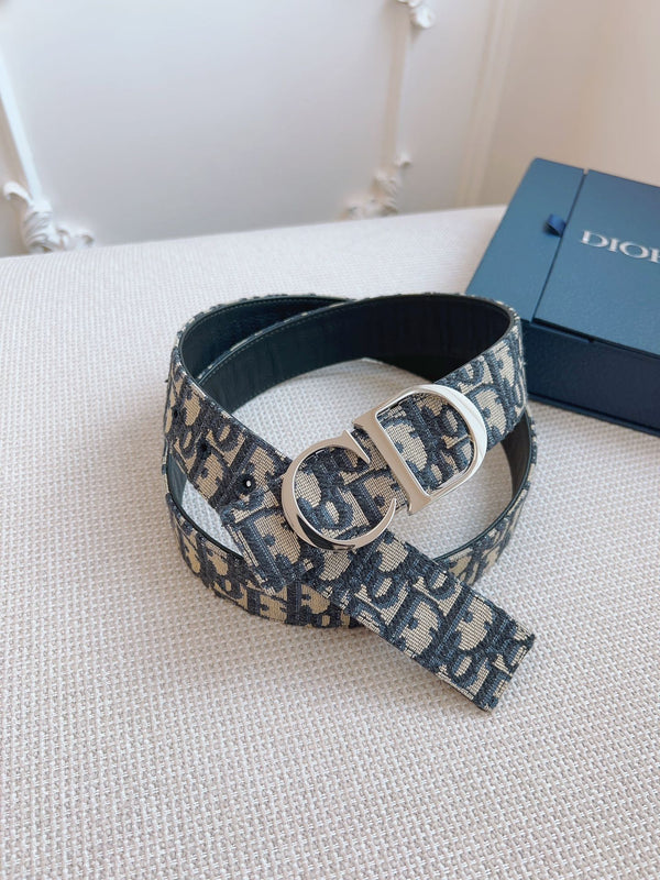 CD Belt 35mm Black Beige Canvas Black Calfskin Silver Logo Buckle