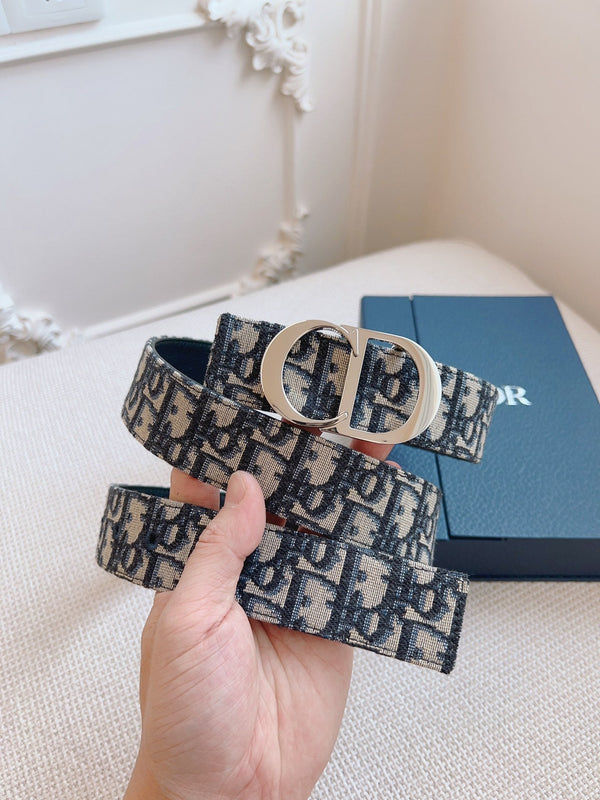 CD Belt 35mm Black Beige Canvas Black Calfskin Silver Buckle