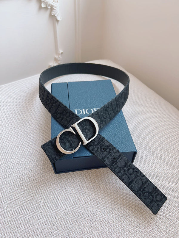 CD Belt 35mm Black Canvas Calfskin Silver Logo Buckle