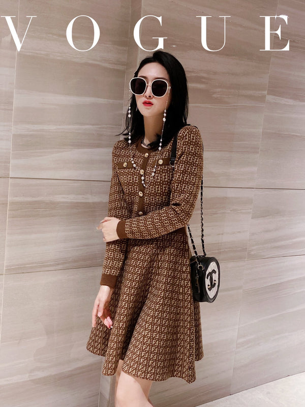 Fendi FF Logo Long Sleeve Jacquard Brown Fabric Wool Dress