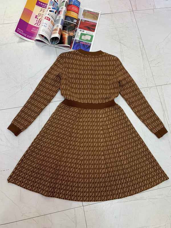 Fendi FF Logo Long Sleeve Jacquard Brown Fabric Wool Dress
