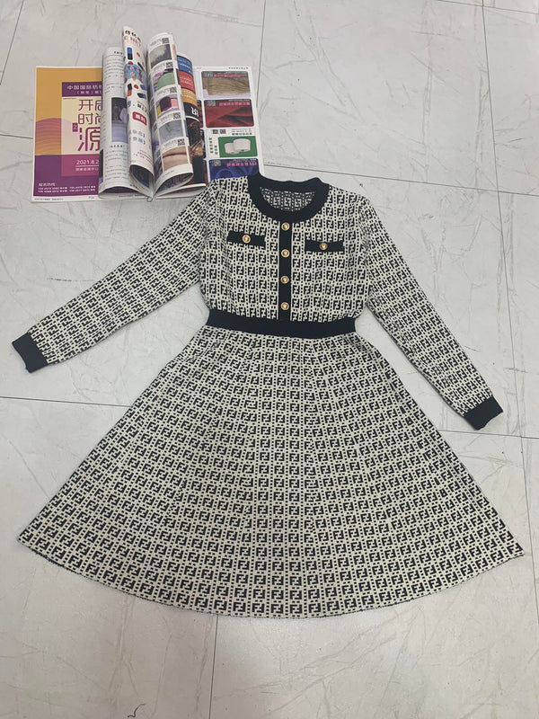 Fendi FF Logo Long Sleeve Jacquard Button Black White Fabric Wool Dress