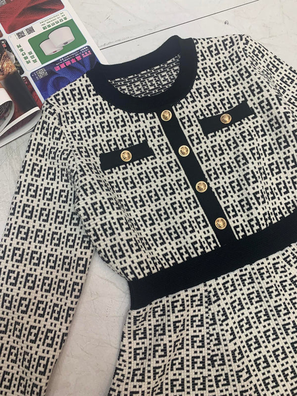 Fendi FF Logo Long Sleeve Jacquard Button Black White Fabric Wool Dress