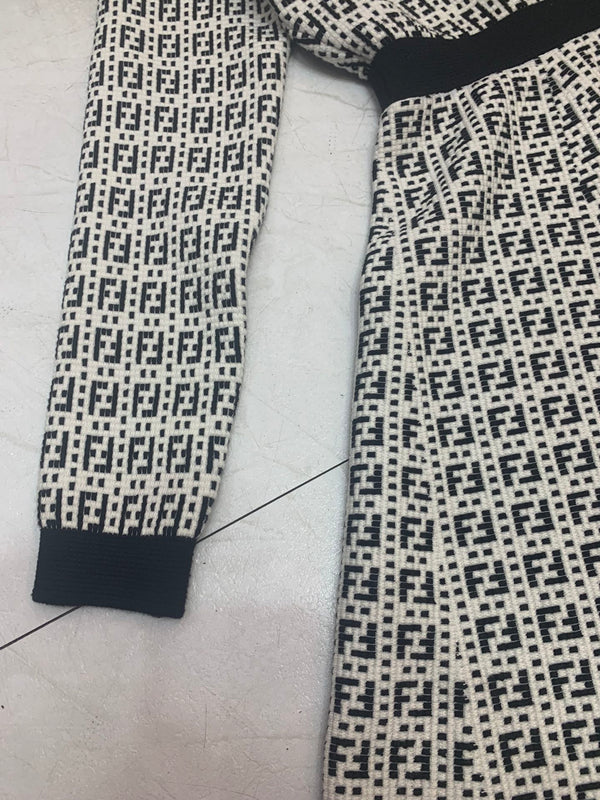Fendi FF Logo Long Sleeve Jacquard Button Black White Fabric Wool Dress