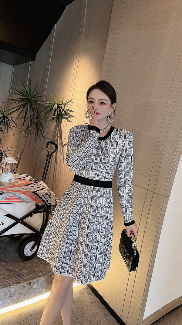 Fendi FF Logo Long Sleeve Jacquard Round Collar Gray Fabric Dress
