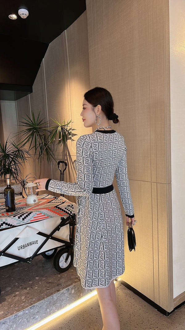 Fendi FF Logo Long Sleeve Jacquard Round Collar Gray Fabric Dress