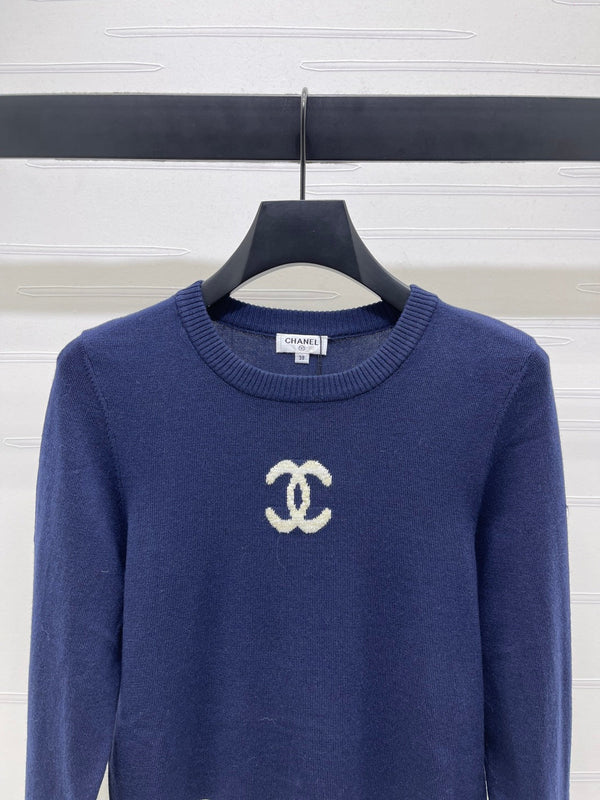 CC 25 Jacquard Double C Logo Pullover Sweater Blue Wool Cashmere