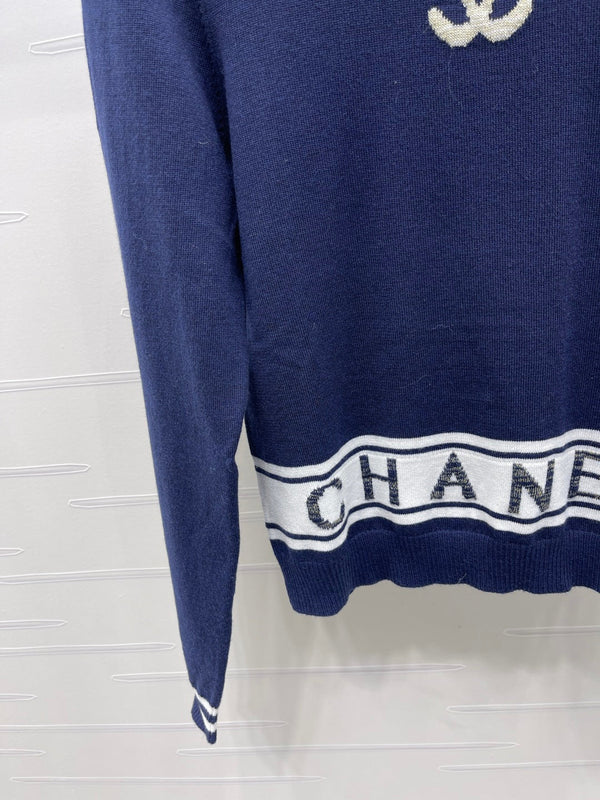 CC 25 Jacquard Double C Logo Pullover Sweater Blue Wool Cashmere