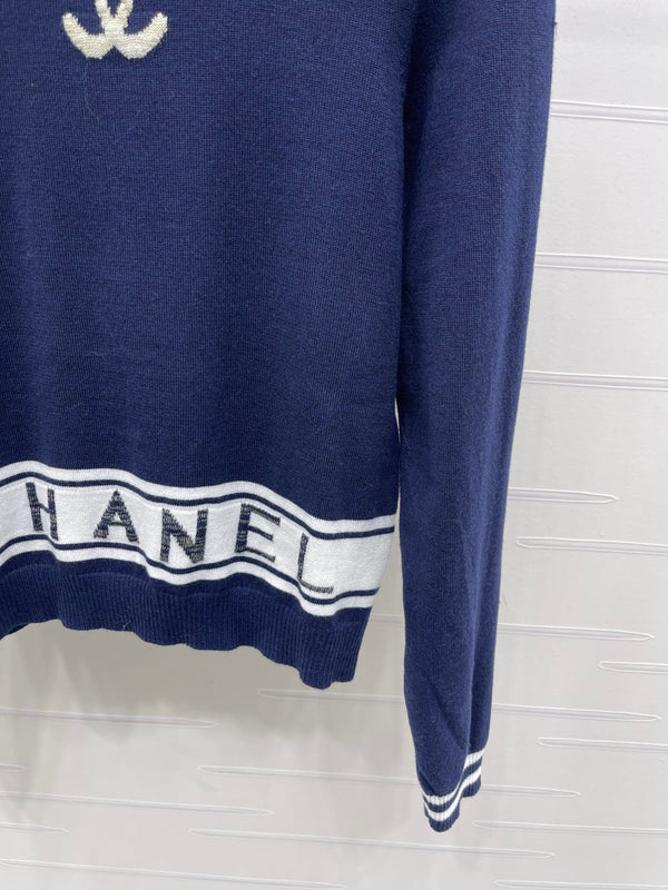 CC 25 Jacquard Double C Logo Pullover Sweater Blue Wool Cashmere