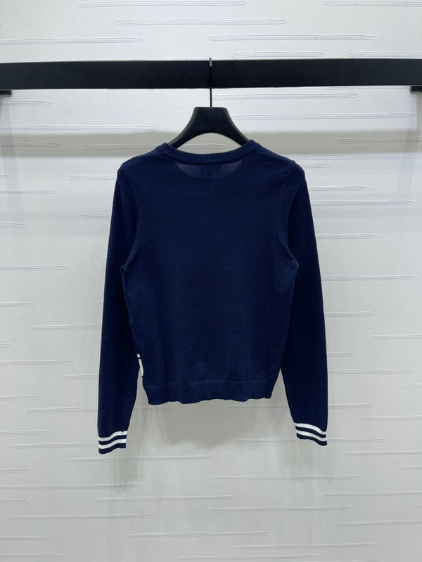 CC 25 Jacquard Double C Logo Pullover Sweater Blue Wool Cashmere