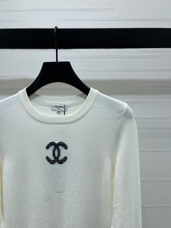 CC 25 Jacquard Double C Logo Pullover Sweater White Wool Cashmere