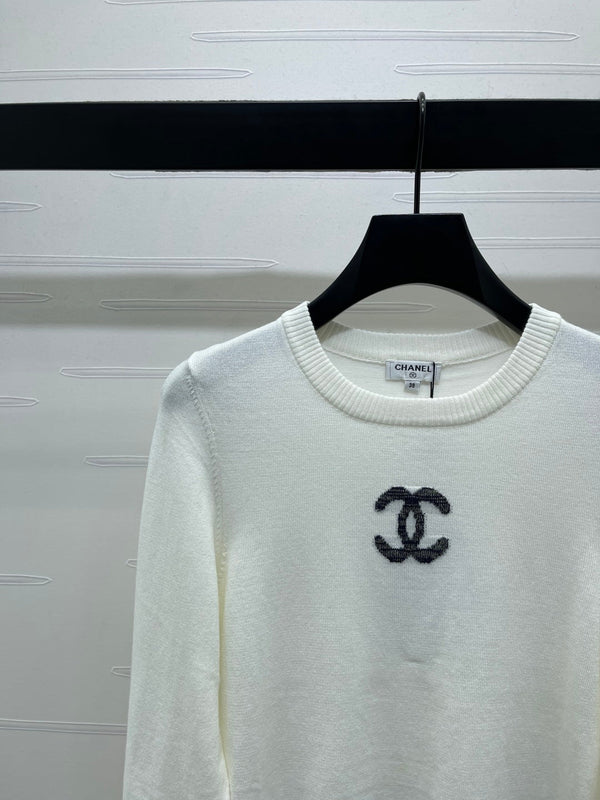 CC 25 Jacquard Double C Logo Pullover Sweater White Wool Cashmere