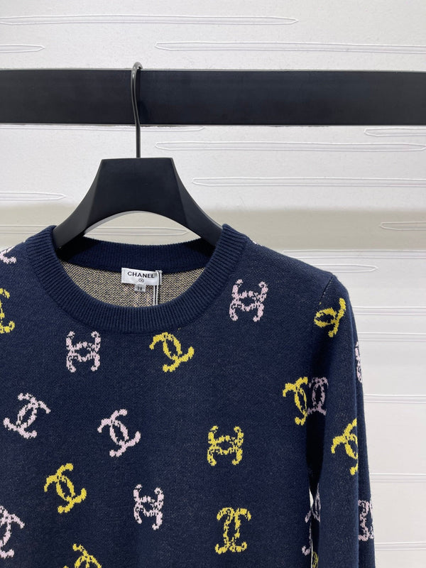 CC 25 Jacquard Long-Sleeved Pullover Sweater Black Wool