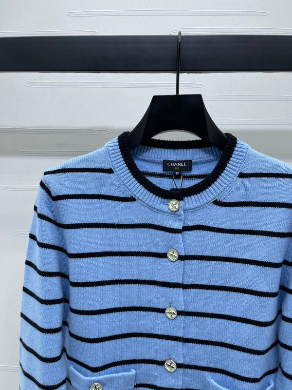 CC 25 Round Neck Striped Knitted Wool Blue Cardigan