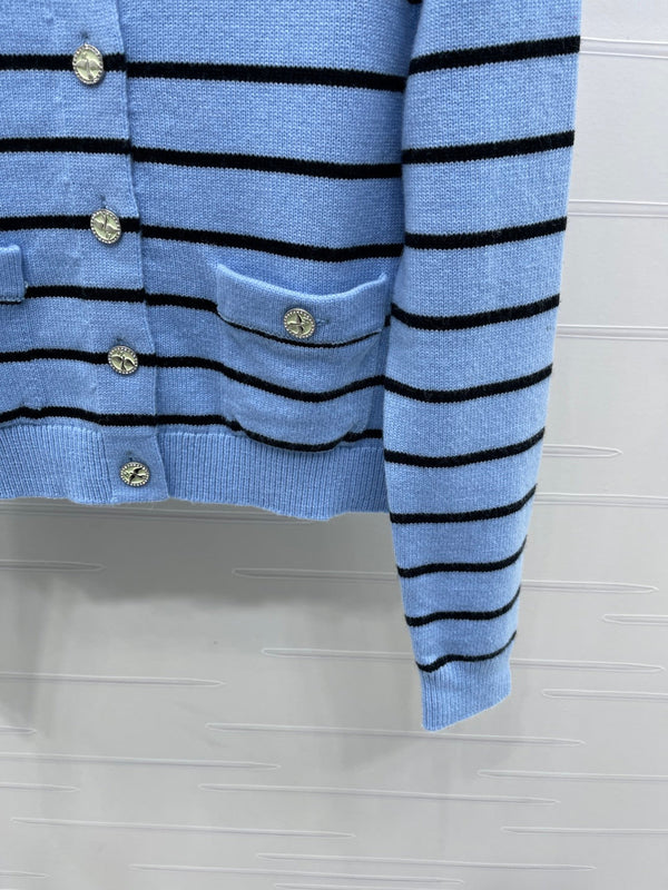 CC 25 Round Neck Striped Knitted Wool Blue Cardigan