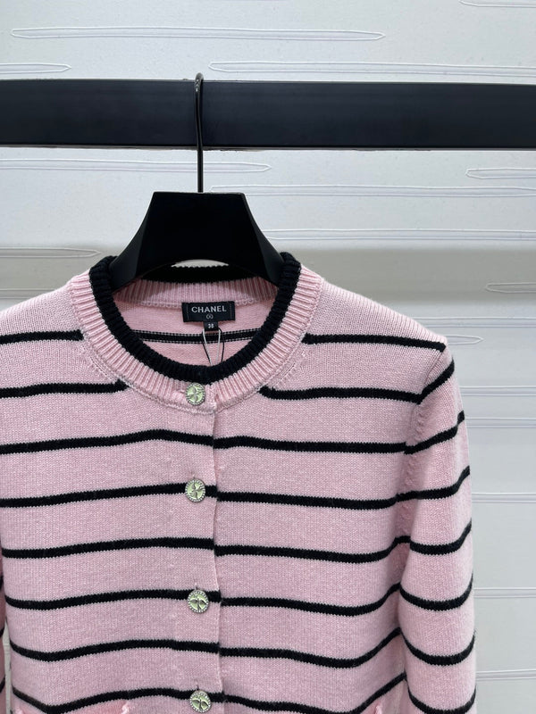CC 25 Round Neck Striped Knitted Wool Pink Cardigan
