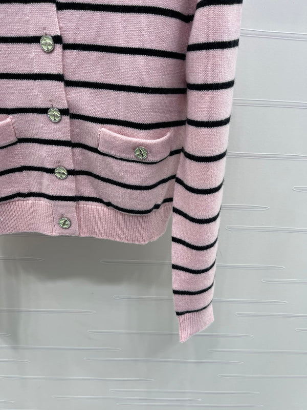 CC 25 Round Neck Striped Knitted Wool Pink Cardigan