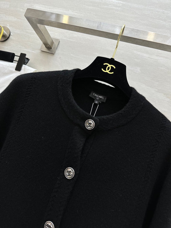 CC 24B Knitted Cashmere and Leather Black Cardigan