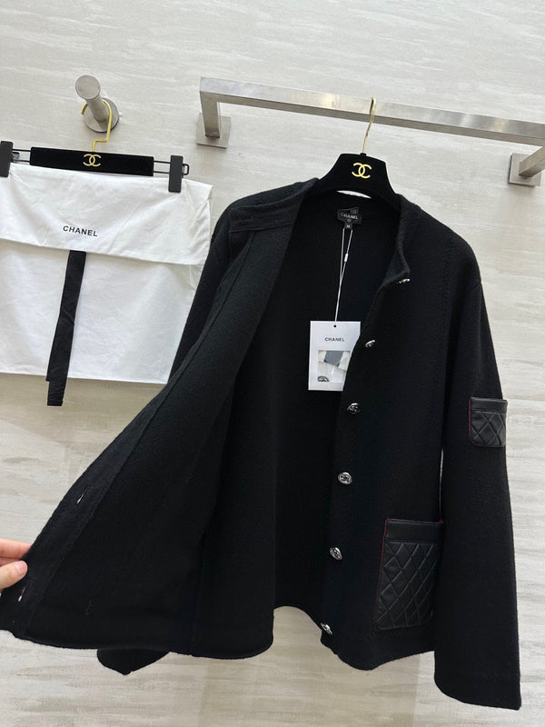 CC 24B Knitted Cashmere and Leather Black Cardigan