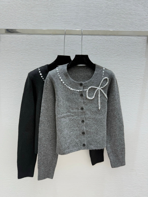 CC 25F Heavy Bow Beaded Round Neck Knit Wool Cashmere Long-Sleeved Cardigan