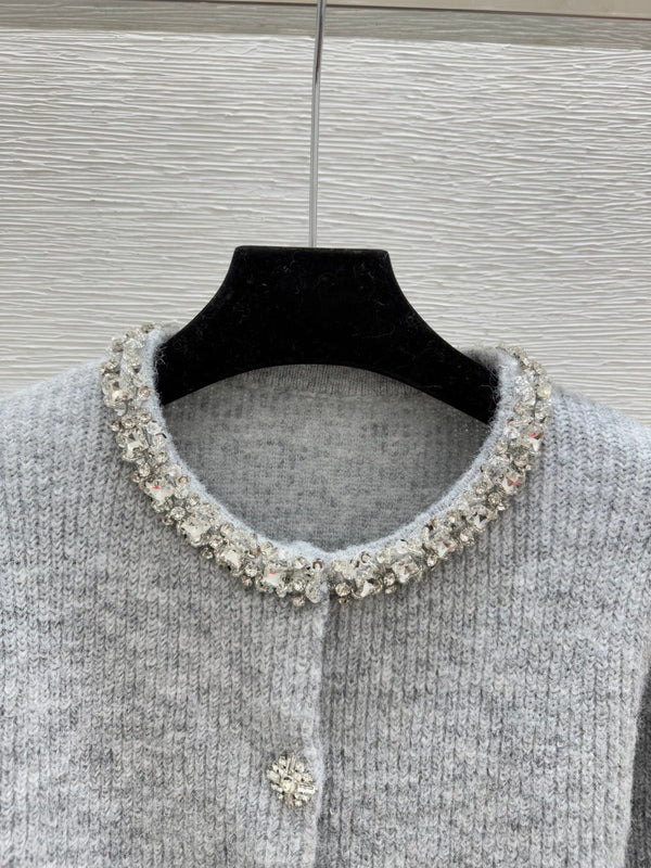 CC 25F Heavy Beaded CrewNeck Knit Wool Long-Sleeved Cardigan