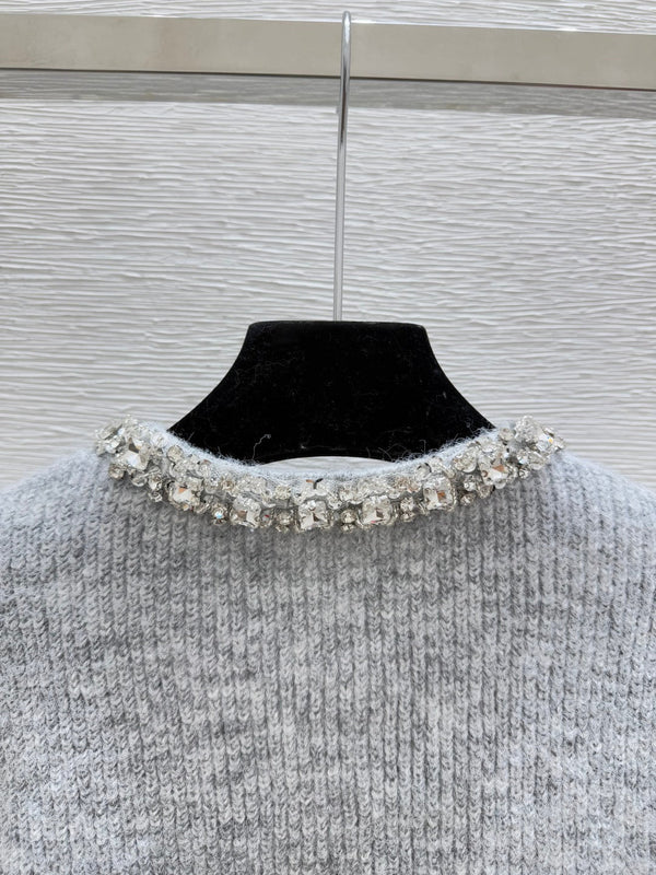 CC 25F Heavy Beaded CrewNeck Knit Wool Long-Sleeved Cardigan