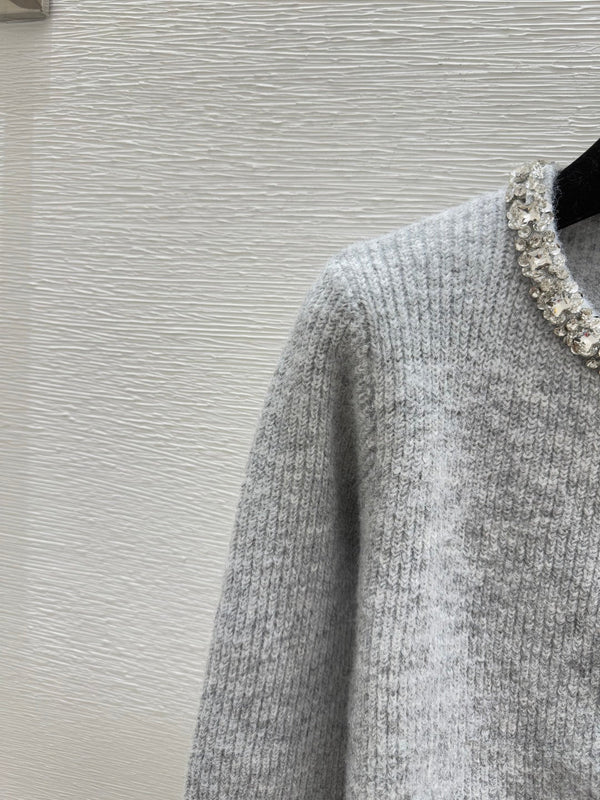 CC 25F Heavy Beaded CrewNeck Knit Wool Long-Sleeved Cardigan