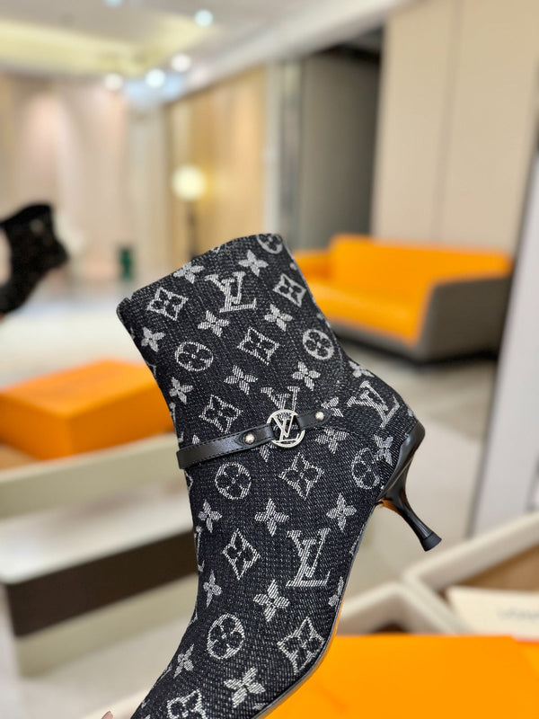 LV 6AM Ankle Boots 55mm Heel Navy Blue Denim 504807