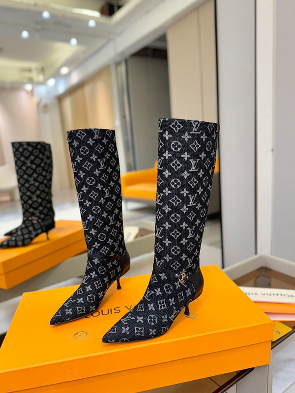 LV 6AM High Boots 55mm Heel Navy Blue Denim 504803