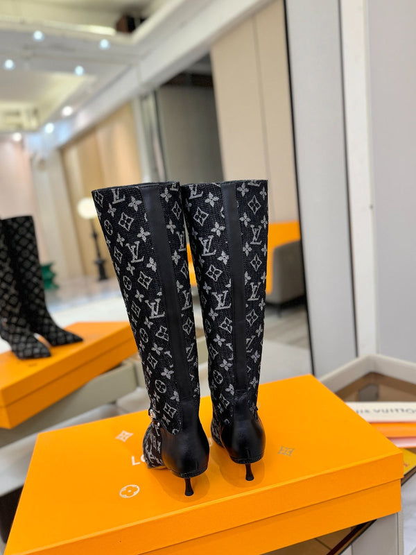 LV 6AM High Boots 55mm Heel Navy Blue Denim 504803