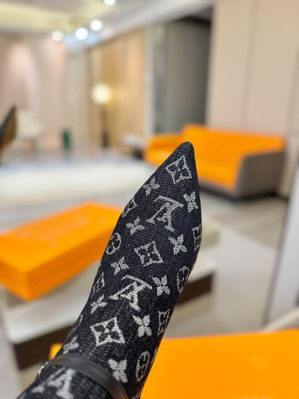 LV 6AM High Boots 55mm Heel Navy Blue Denim 504803