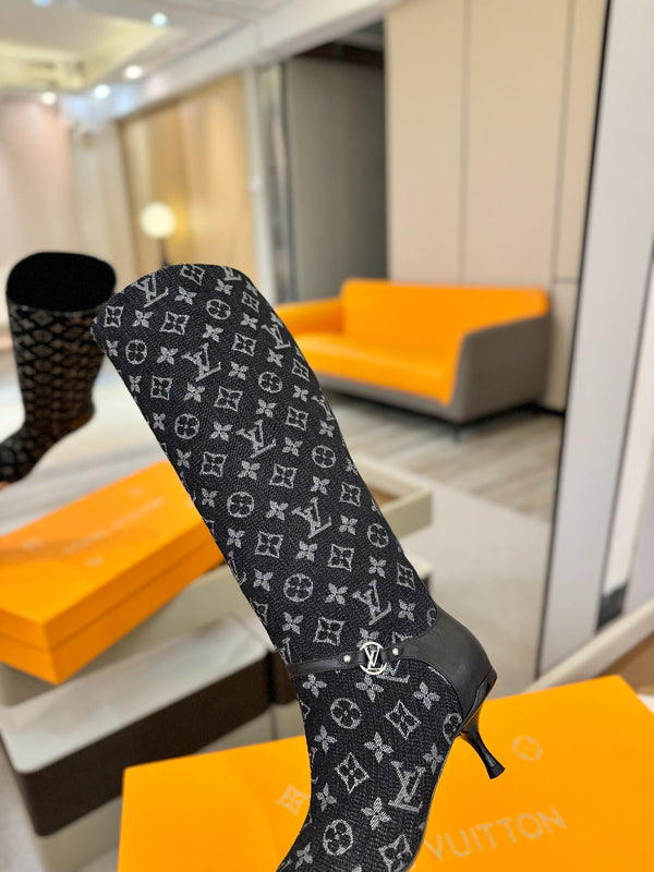 LV 6AM High Boots 55mm Heel Navy Blue Denim 504803