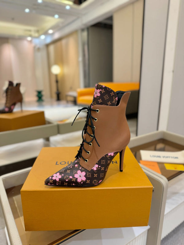 LV Ankle Boot 90mm Borwn Calfskin Mix Cherry Blossom Monogram 504800