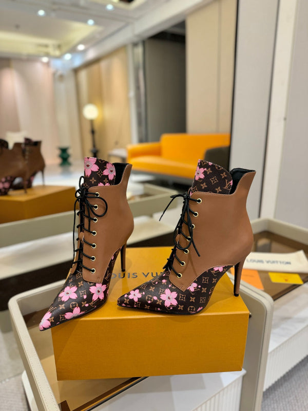LV Ankle Boot 90mm Borwn Calfskin Mix Cherry Blossom Monogram 504800