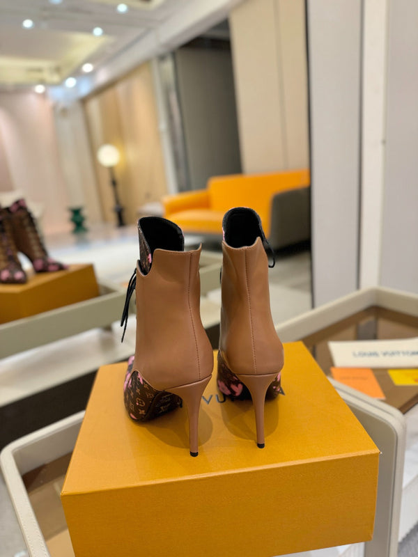 LV Ankle Boot 90mm Borwn Calfskin Mix Cherry Blossom Monogram 504800