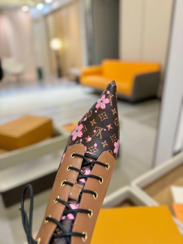 LV Ankle Boot 90mm Borwn Calfskin Mix Cherry Blossom Monogram 504800
