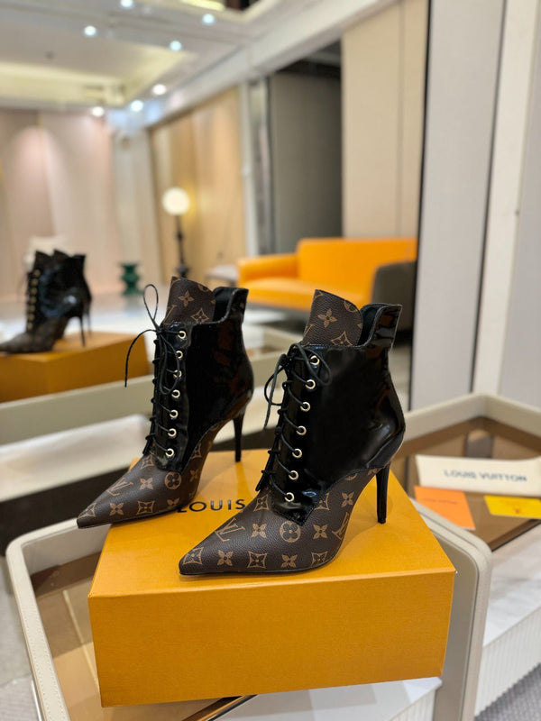 LV Ankle Boot 90mm Black Glossy Calfskin Mix Brown Monogram 504799