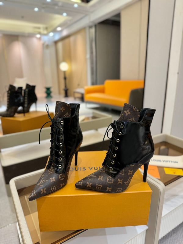 LV Ankle Boot 90mm Black Glossy Calfskin Mix Brown Monogram 504799