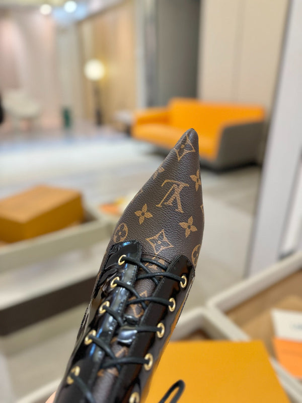 LV Ankle Boot 90mm Black Glossy Calfskin Mix Brown Monogram 504799