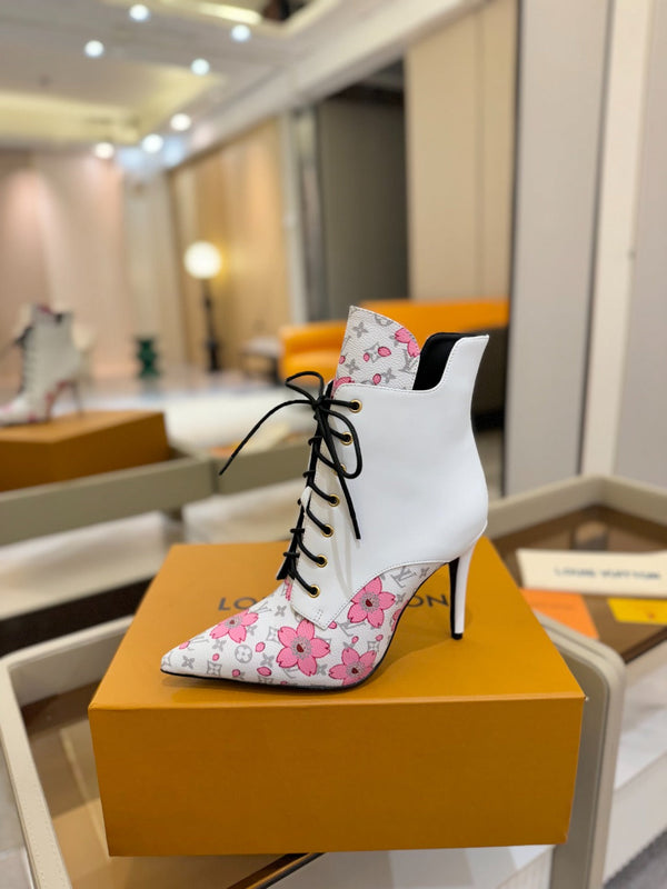 LV Ankle Boot 90mm White Calfskin Mix Cherry Blossom Monogram 504798