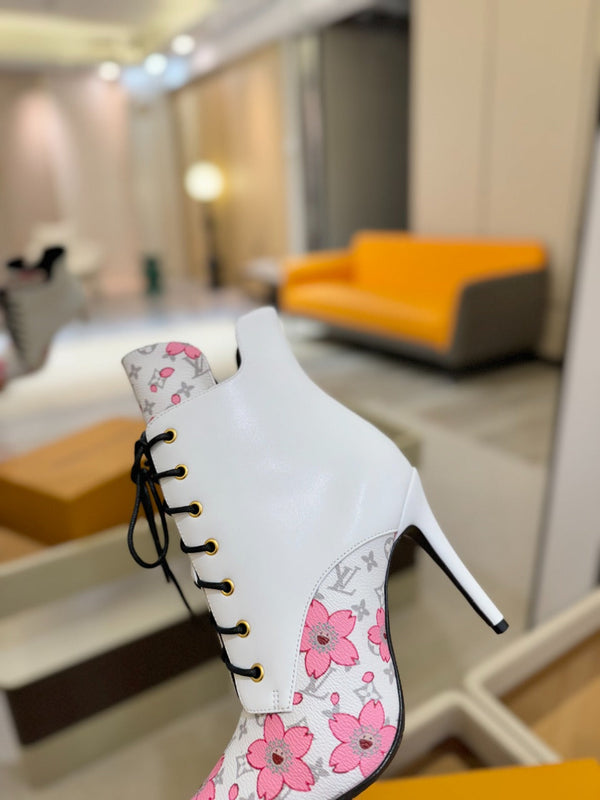 LV Ankle Boot 90mm White Calfskin Mix Cherry Blossom Monogram 504798