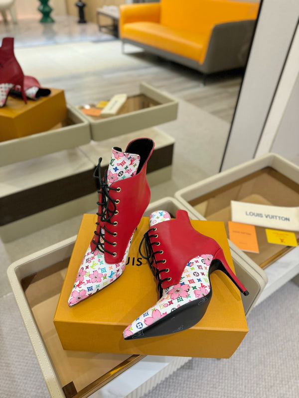 LV Ankle Boot 90mm Red Calfskin Mix Cherry Blossom Monogram 504797