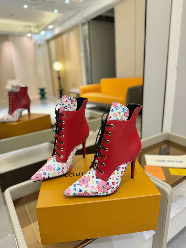 LV Ankle Boot 90mm Red Calfskin Mix Cherry Blossom Monogram 504797