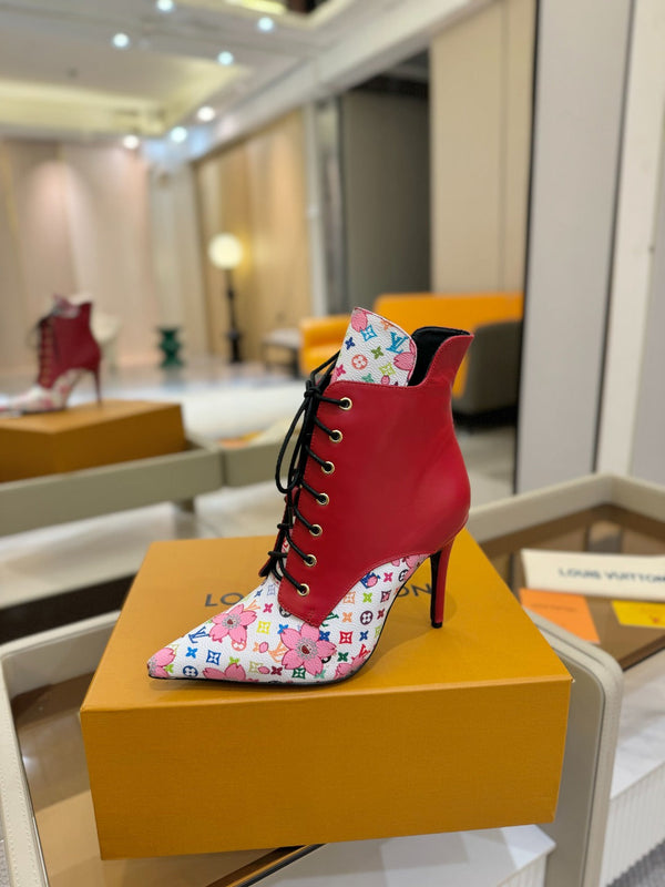 LV Ankle Boot 90mm Red Calfskin Mix Cherry Blossom Monogram 504797