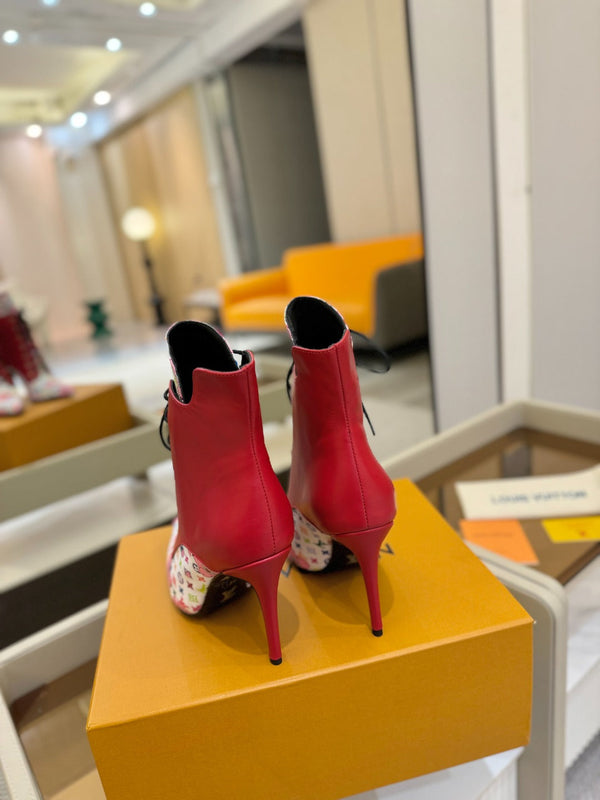 LV Ankle Boot 90mm Red Calfskin Mix Cherry Blossom Monogram 504797