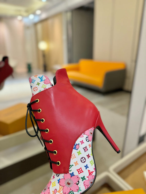 LV Ankle Boot 90mm Red Calfskin Mix Cherry Blossom Monogram 504797