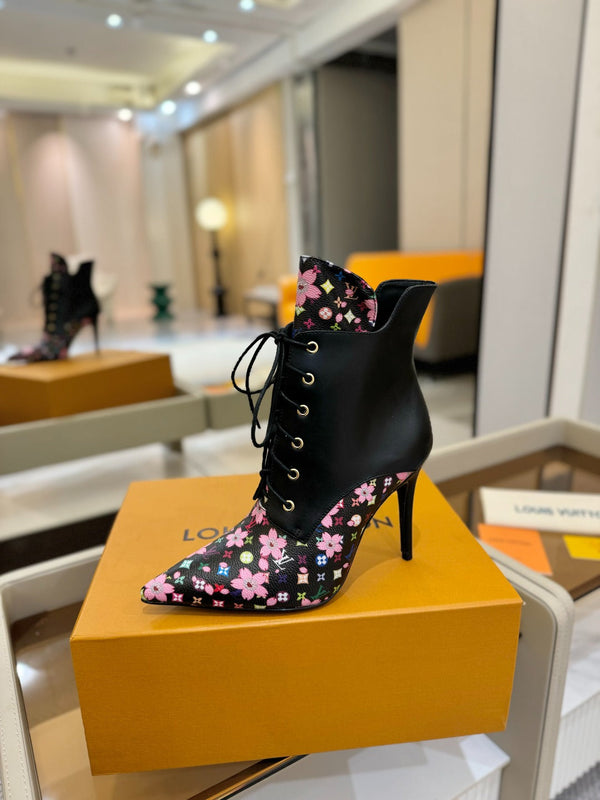 LV Ankle Boot 90mm Black Calfskin Mix Cherry Blossom Monogram 504796