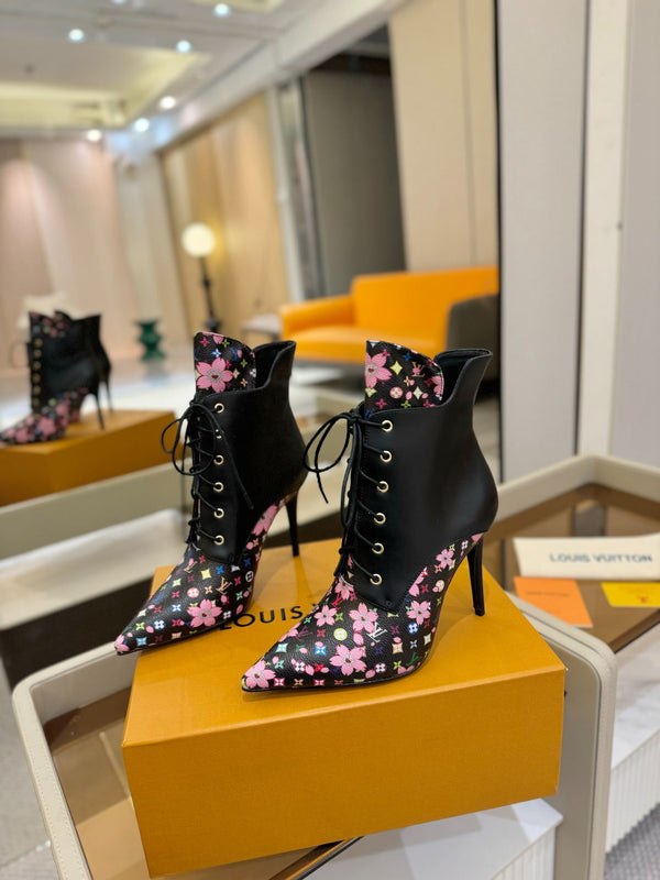 LV Ankle Boot 90mm Black Calfskin Mix Cherry Blossom Monogram 504796