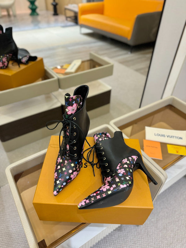 LV Ankle Boot 90mm Black Calfskin Mix Cherry Blossom Monogram 504796